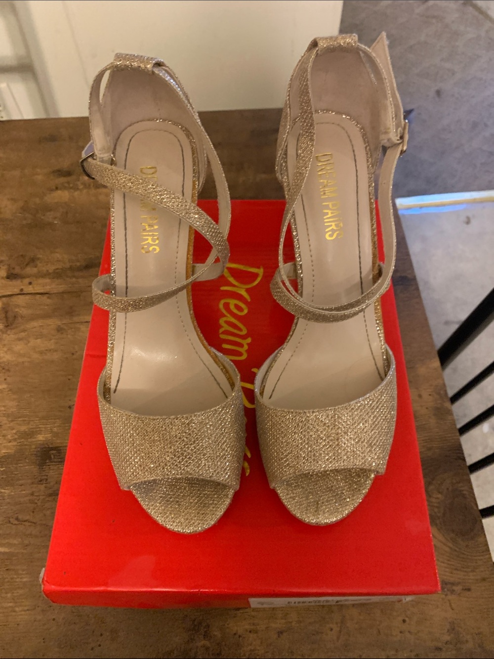 Dream Pairs Glitter Gold Crisscross Ankle Strap Heels